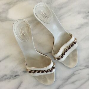 Gucci White Leather Slide Heels with Gold Chain and Red/Navy Accents